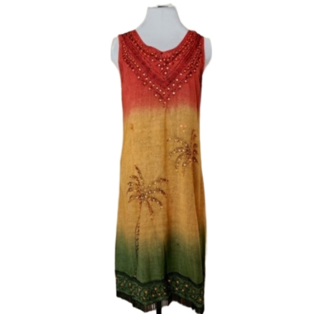 Vintage Y2K Beach Crew Beaded Palm Tree‎ Rayon Resort Dress Free size